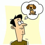 I want a cartoon picture of a man with a thinking bubble with the image of a dog in it